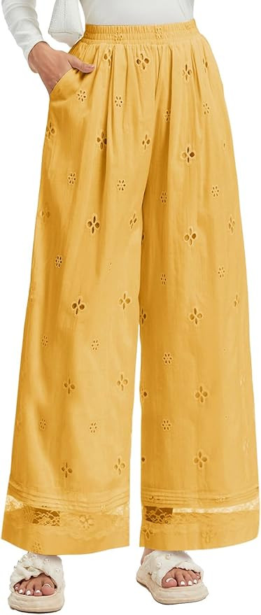 Women's Wide Leg Cotton Palazzo Pants with Eyelet Embroidery Elastic Waist Lace Trim | Amazon (US)
