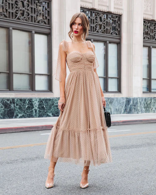 Frances Tulle Polka Dot Midi Dress - Tan | VICI