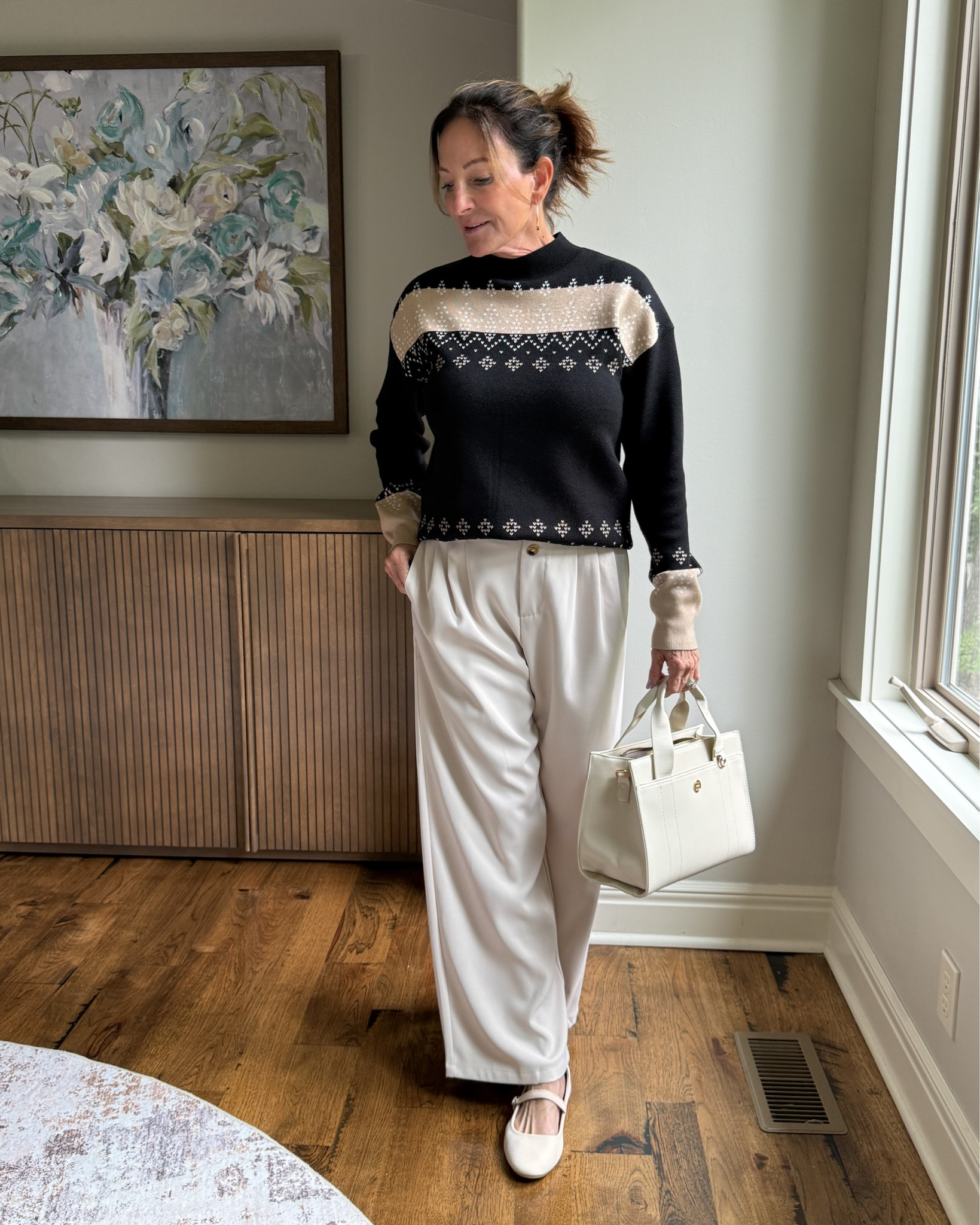How to Wear Black and Cream Without Looking Boring

Black and cream is one of those combinations that always looks polished, but the patterned sweater keeps it from feeling too basic. I paired it with flowy cream pants and matching flats and bag to keep the lighter color running through the outfit. Easy, comfortable and pulled together.

#over50style #falloutfit #neutralstyle #widelegpants #casualchic #fairislesweater