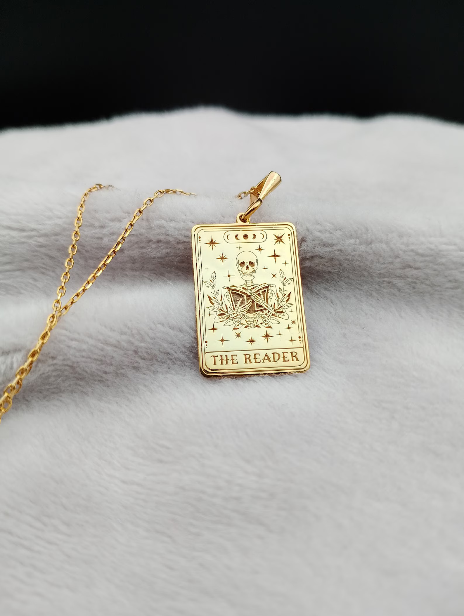 The Reader Tarot Card Necklace, 14K Gold Skeleton Necklace, Dainty Bookworm Necklace, Handmade Bo... | Etsy (US)