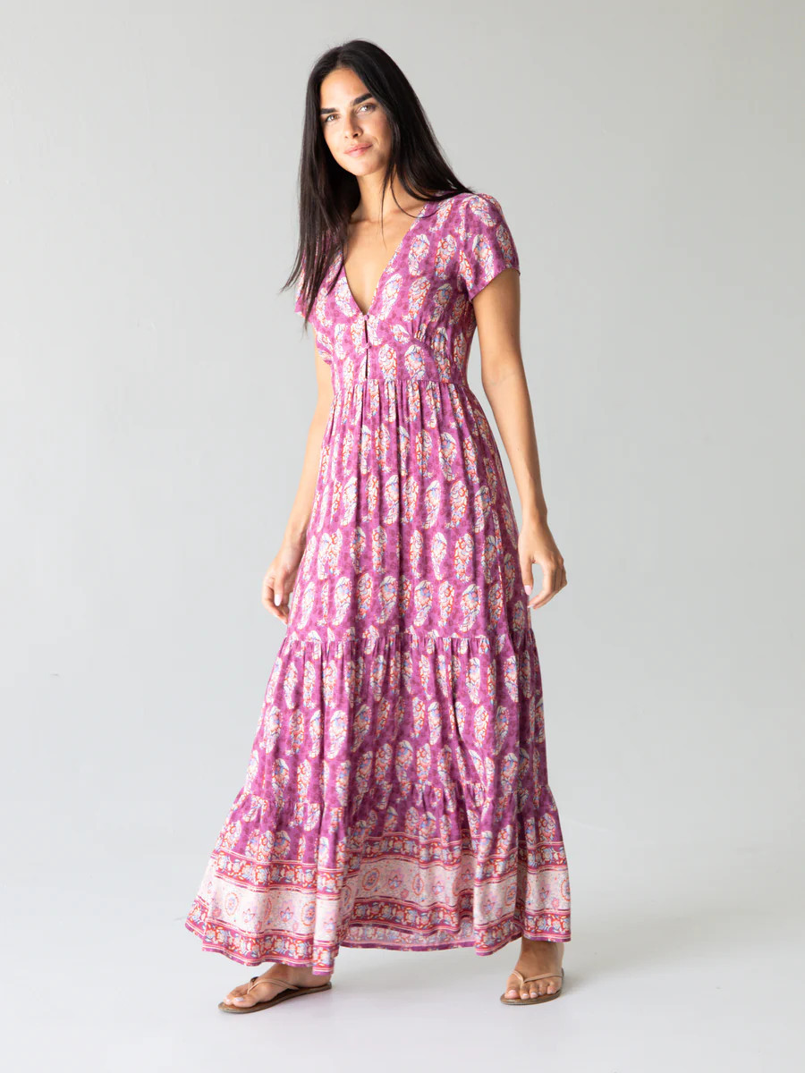 Evangeline V-Neck Maxi Dress - Purple Border | Natural Life