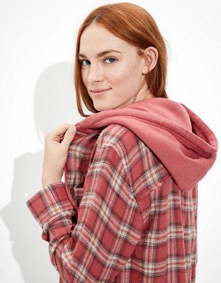 AE Oversized Plaid Hooded Flannel Shirt | American Eagle Outfitters (US & CA)