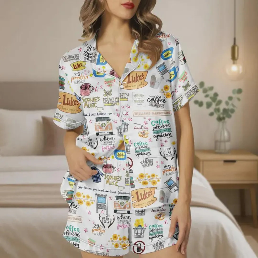 Gilmore Girls Pajama Set: Silk Short Sleeve With Luke's Coffee Design - Etsy | Etsy (US)