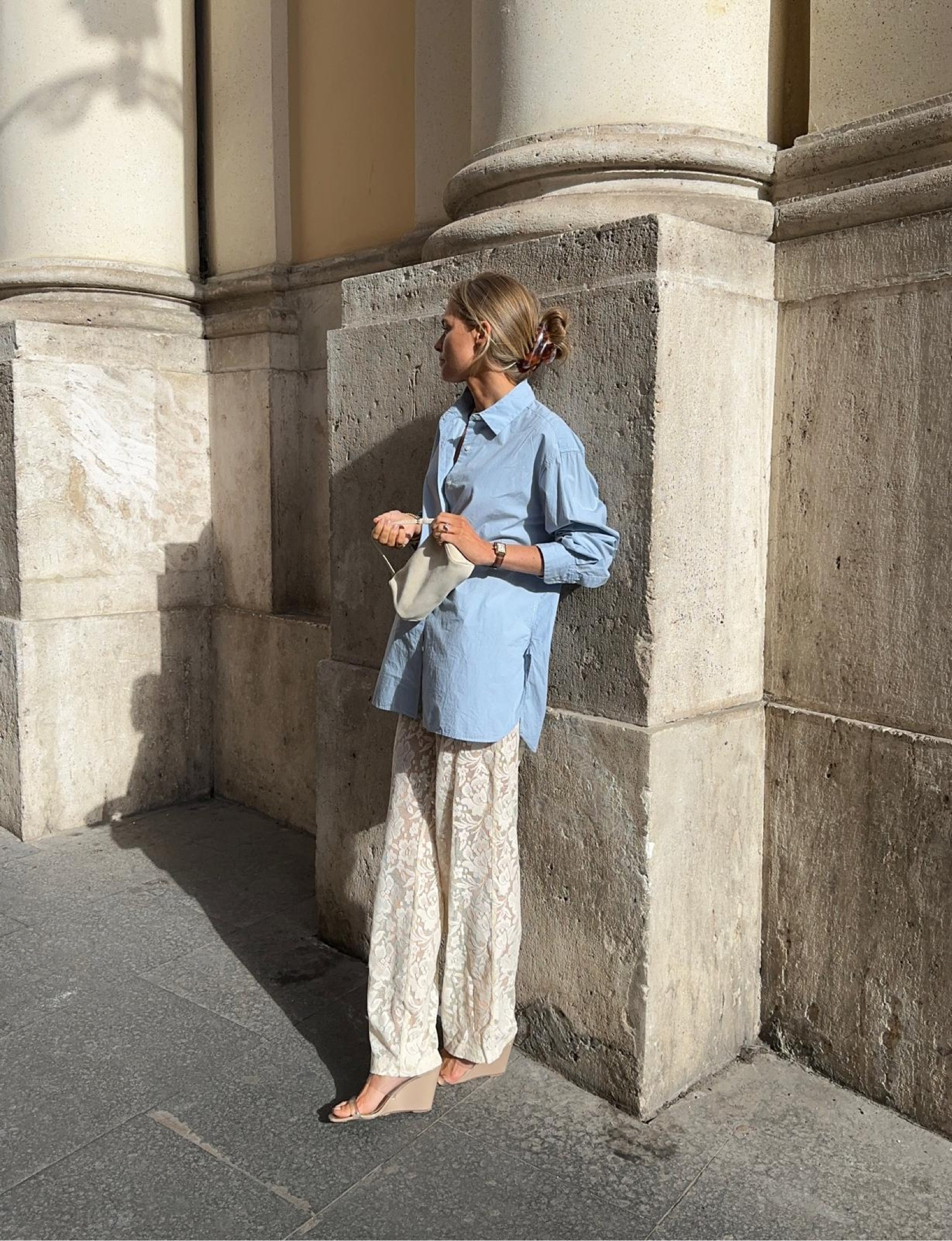 Powder blue Oxford shirt, NA-KD x Claire Rose lace cream trousers, wedge with clear PVC strap, summer style, summer outfit idea, city, holiday, spring

#LTKuk #LTKspring #LTKFashionMonth