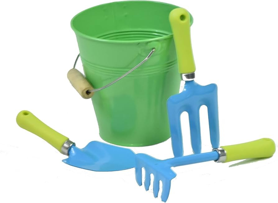G & F Products JustForKids Garden Tool Set - Green Metal Pail with Real Mini Shovel, Rake & Culti... | Amazon (US)