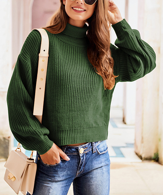 Della Mel Women's Pullover Sweaters Green - Green Ribbed Turtleneck Sweater - Women | Zulily