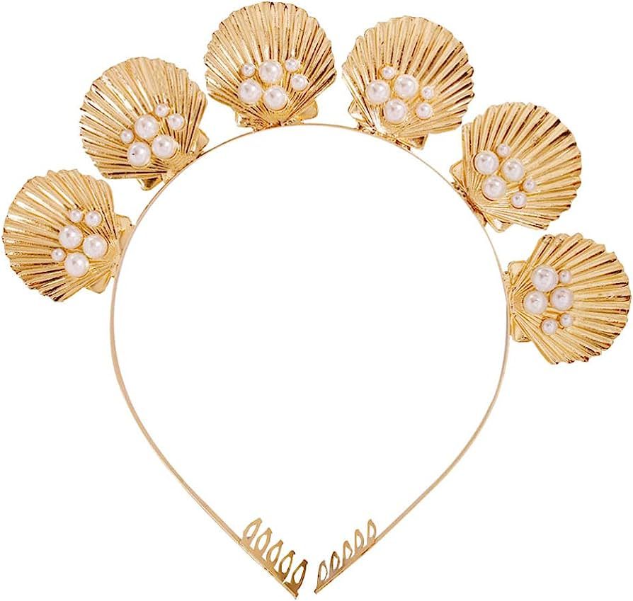 Shell Headband Gold Seashell Crown Goddess Pearl Decor Tiara Headband for Wedding Party | Amazon (US)