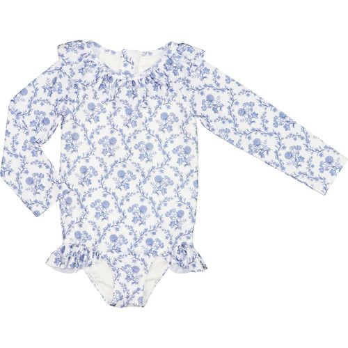 Blue And White Floral Lycra Rashguard Swimsuit - Shipping Mid May | Cecil and Lou