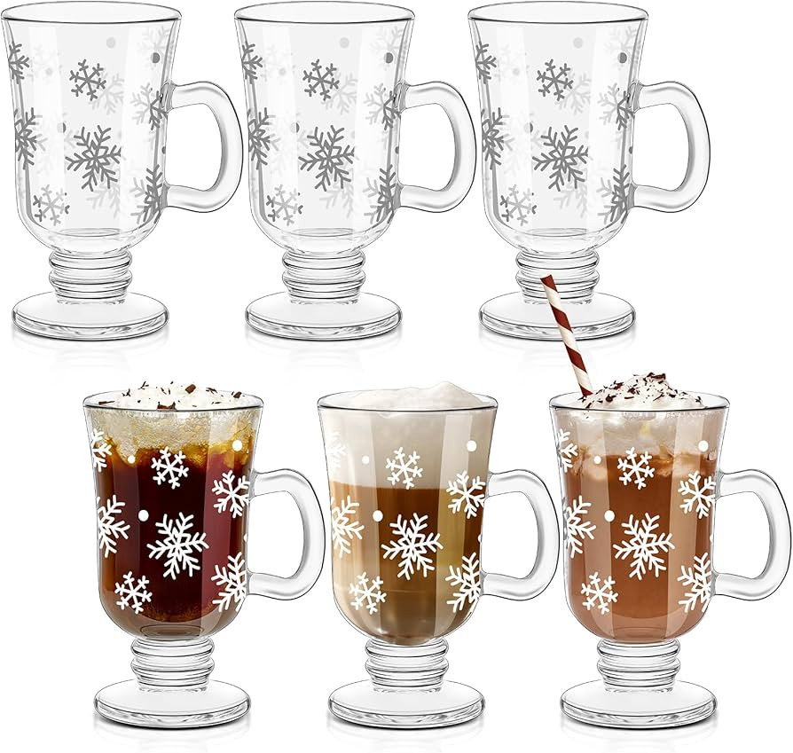 Sliner Set of 6 Christmas Snowflake Glass Coffee Mugs with Handle, 8 oz Clear Irish Footed Coffee... | Amazon (US)