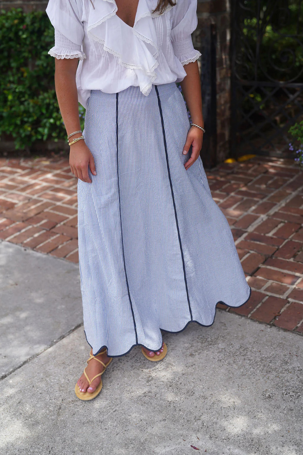 Hanley Super Maxi Skirt Blue Seersucker with Navy Piping | Madison Mathews