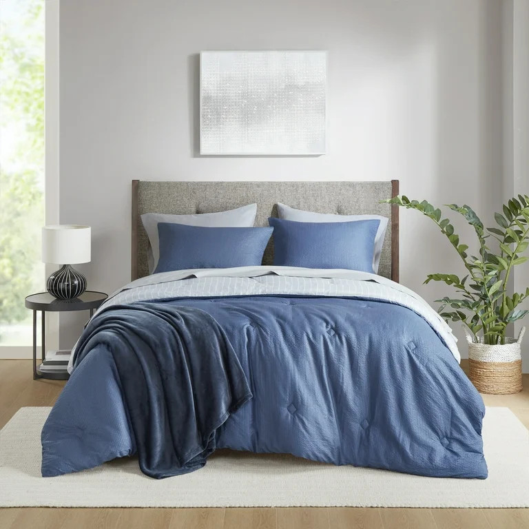 Mainstays 8-Piece Bed in a Bag Comforter Set with Sheets and Blanket, Indigo, Queen | Walmart (US)