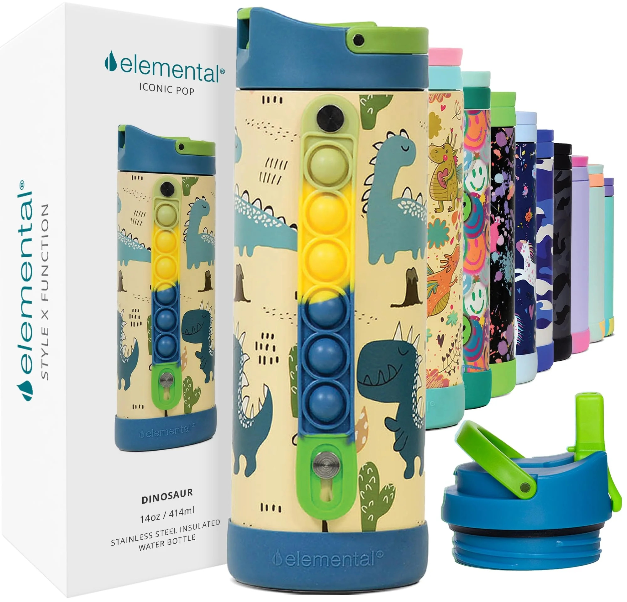 Elemental Iconic Kids Water Bottle with Straw Lid & Stress Reliever Pop It Handle - Leak-Proof Wh... | Walmart (US)