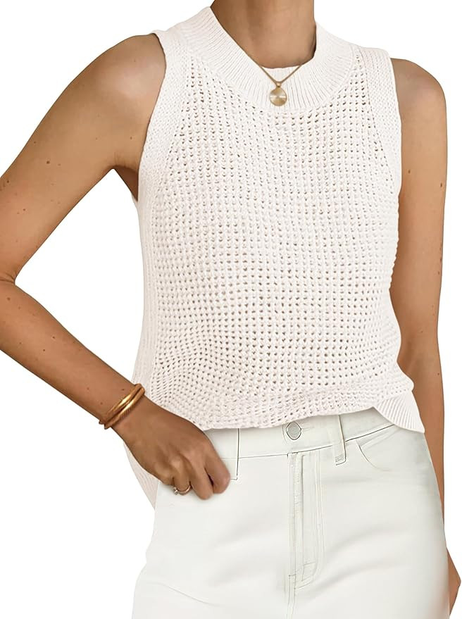 PRETTYGARDEN Summer Crochet Tank Tops for Women 2025 Casual Crewneck Hollow Out Loose Knit Sleeve... | Amazon (US)