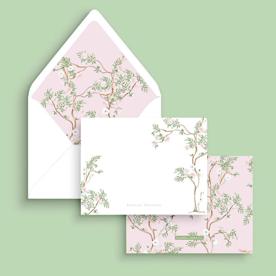 Personalized Chinoiserie Notecards: Pink & Green Stationery Set - Etsy | Etsy (US)