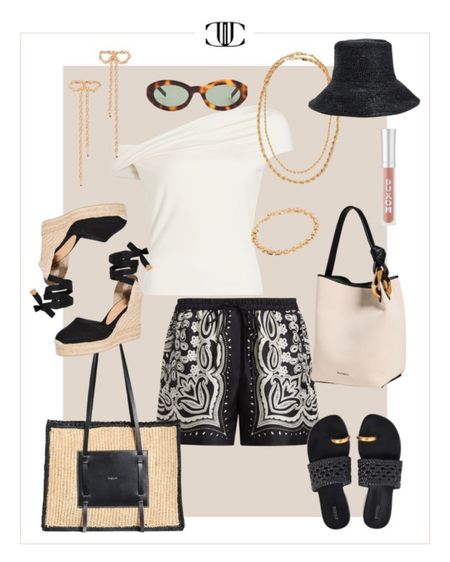 Creating looks with our top selling pieces from our favorite fashion finds of May  

 Embroidered shorts, off the shoulder top, bucket hat, espadrilles, flats, sunglasses, summer outfit, summer look, casual look, casual outfit