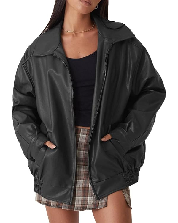 Womens Oversized Faux Leather Motocycle Jacket Zip Up Outwear Coat with Pockets | Amazon (US)
