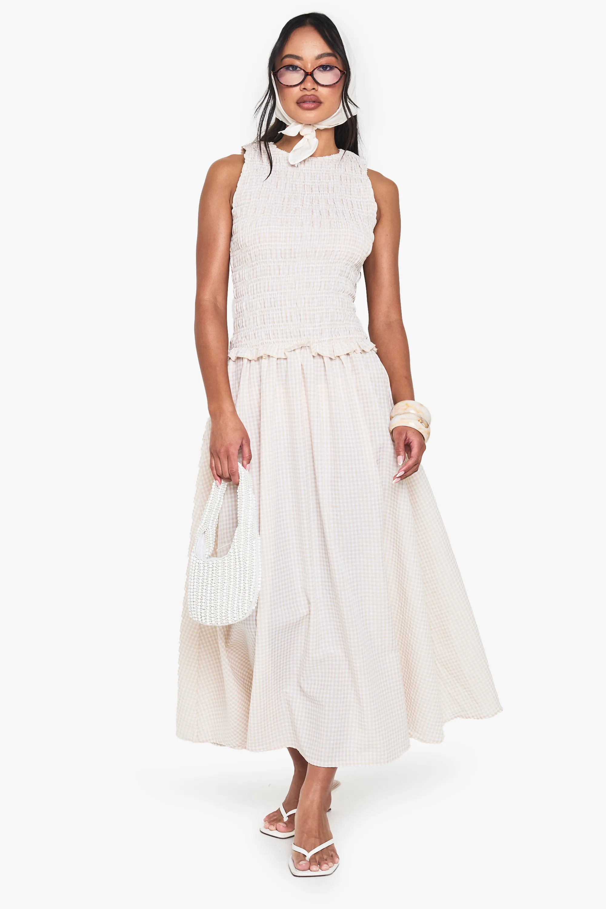 Stone Gingham Shirred Detail Drop Waist Midaxi Dress | Boohoo | Boohoo.com (UK & IE)