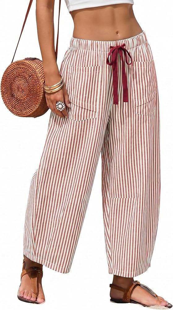 EsheSy Women's Casual Barrel Pants Summer Striped Drawstring Wide Leg Trousers Beach Lounge Capri... | Amazon (US)