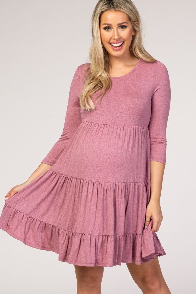 PinkBlush Mauve Heathered Long Sleeve Tiered Maternity Dress | PinkBlush Maternity