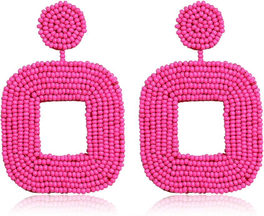 Boderier Beaded Drop Earrings Bohemian Wire Wrapped Beaded Square Hoop Dangle Statement Earrings | Amazon (US)