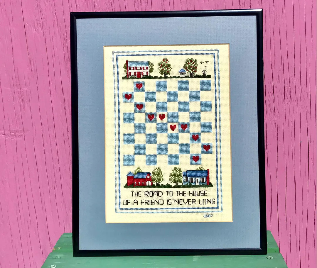 Vintage Road To A Friends House Framed Cross Stitch Picture Wall Decor 14 X 11 Primitive Blue Ecr... | Etsy (US)