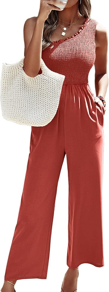 Angashion Women's Summer Wide Leg Jumpsuits One Shoulder Casual Sleeveless Elastic High Waist Solid  | Amazon (US)