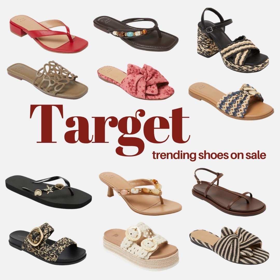 @Target trending shoes on sale and this lineup is everything 🎯👡✨ Red kitten heel thong sandal, black raffia buckle slide, brown beaded thong, taupe laser cut slide, pink floral bow mule, navy woven shell slide, raffia pearl flat, beaded kitten heel thong, brown minimalist slingback, pink floral bow mule, cream crochet platform slide, and a black stripe bow mule — every style you need for summer and all on sale right now.

#LTKSaleAlert #LTKSeasonal #LTKTravel