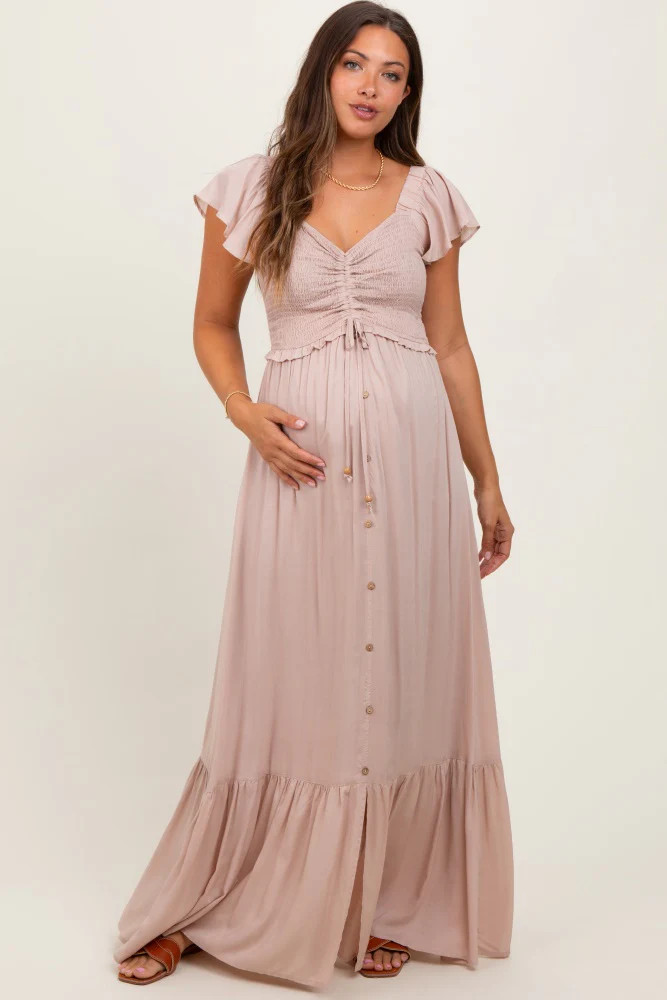 Taupe Smocked Top Woven Maternity Maxi Dress | PinkBlush Maternity
