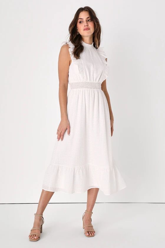 Countryside Charm White Ruffled Mock Neck Midi Dress | Lulus (US)