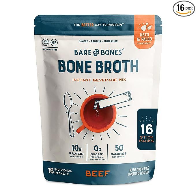 Bare Bones Bone Broth Instant Powdered Mix, Beef, Pack of 16, 15g Sticks, 10g Protein, 100% Grass... | Amazon (US)