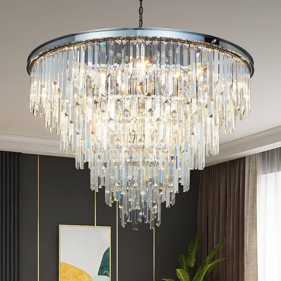 39'' Modern Crystal Chandelier, Chrome Round Ceiling Light with Clear Prisms, Luxury Flush Mount ... | Amazon (US)