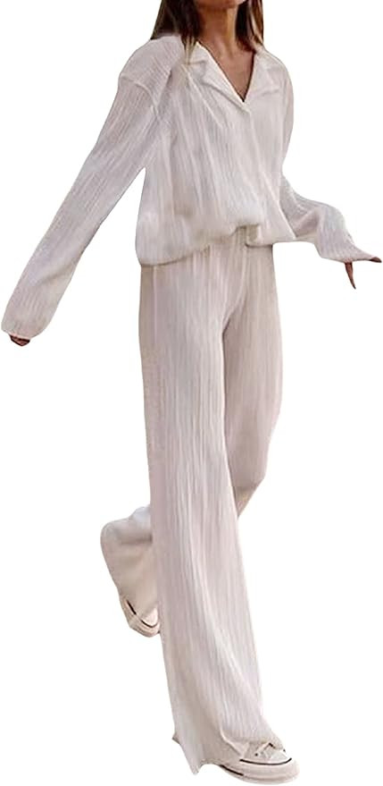 Women 2 Piece Pants Outfits Long Sleeve Button Down Shirts High Waist Long Pants Pleated Casual S... | Amazon (US)