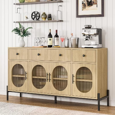 62" Modern Buffet Cabinet with Storage, 3 Drawers & 4 Fluted Glass Doors, Wooden Sideboard Console Table for Kitchen, Dining Room, Coffee Bar | Target