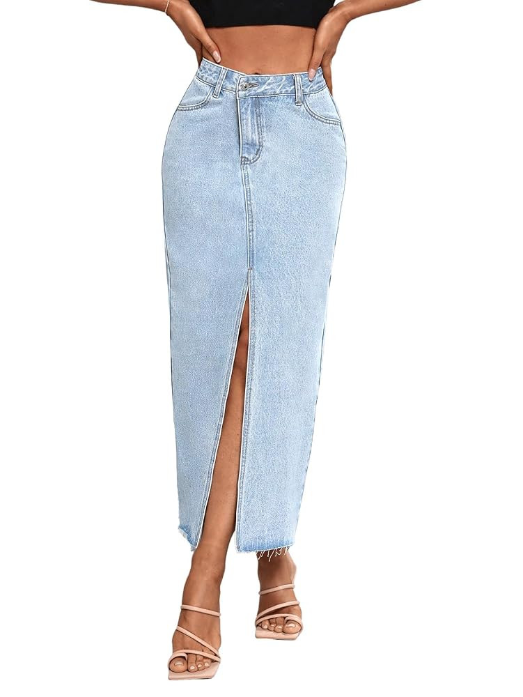 Women's High Waist Stretch Maxi Denim Skirt Front Split Frayed Raw Hem A line Casual Long Jean Sk... | Amazon (US)