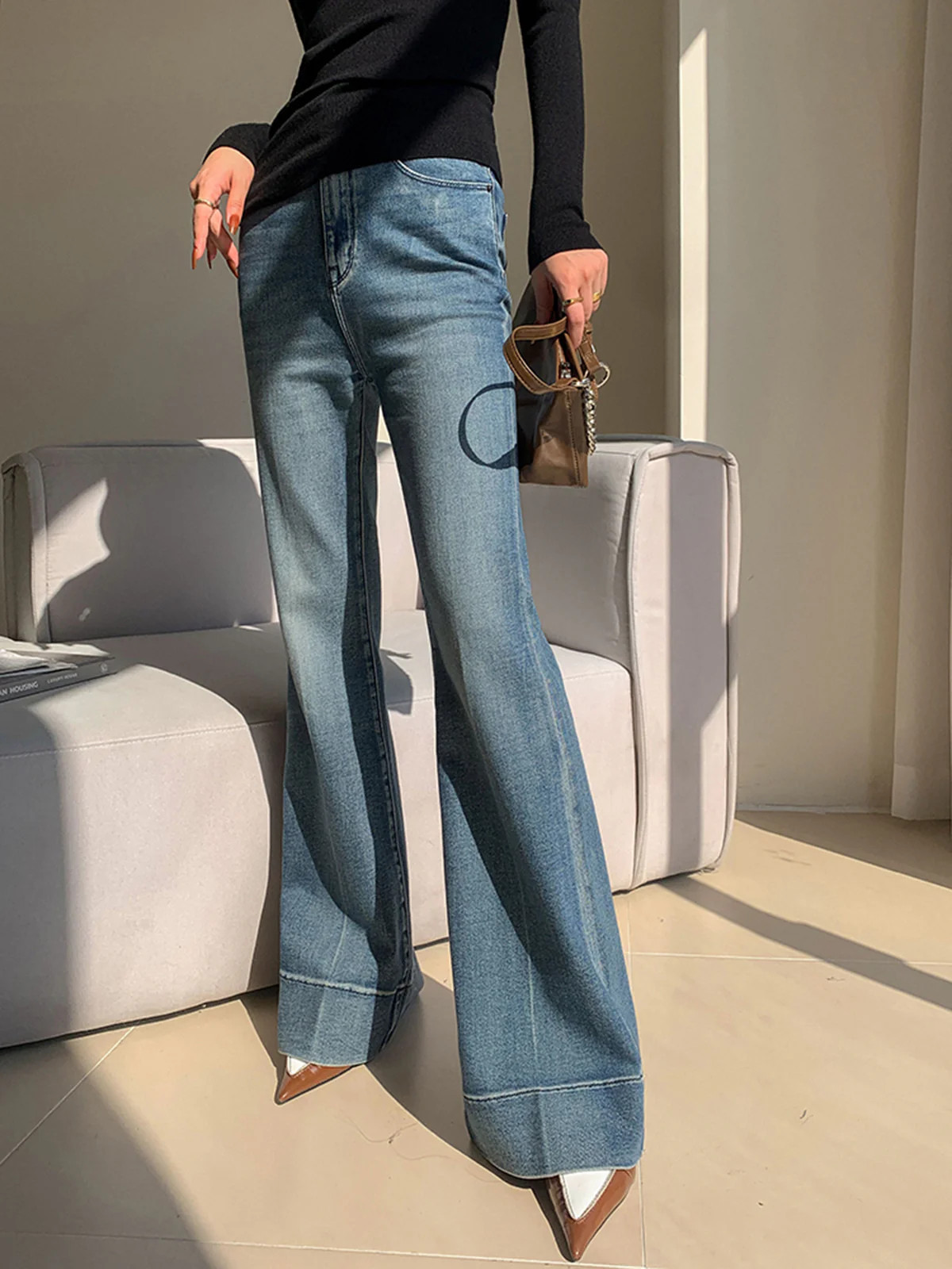 Washed Slim Draped Denim Pants | Commense