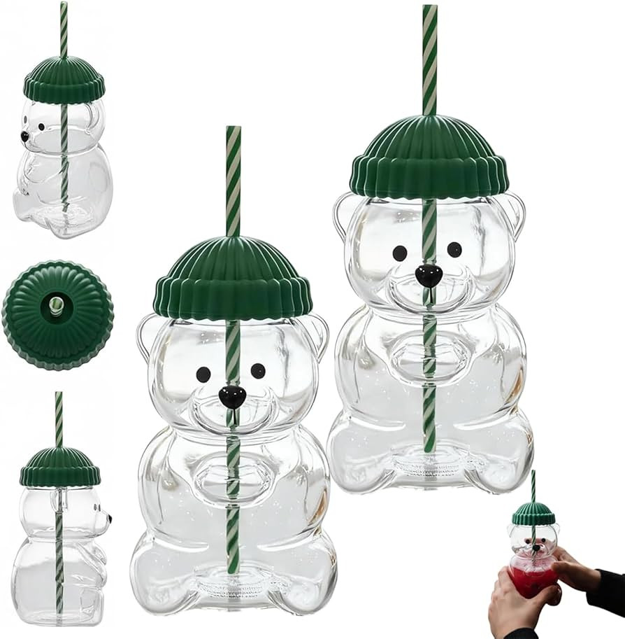 2025 New Bear Straw Cup, Cute Bear Glass Cup with Straw, 20oz Reusable Bears Cup with Lid, Aesthe... | Amazon (US)