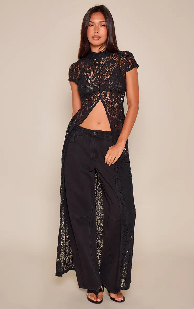 Black Lace Cap Sleeve Split Long Cami Top | PrettyLittleThing UK