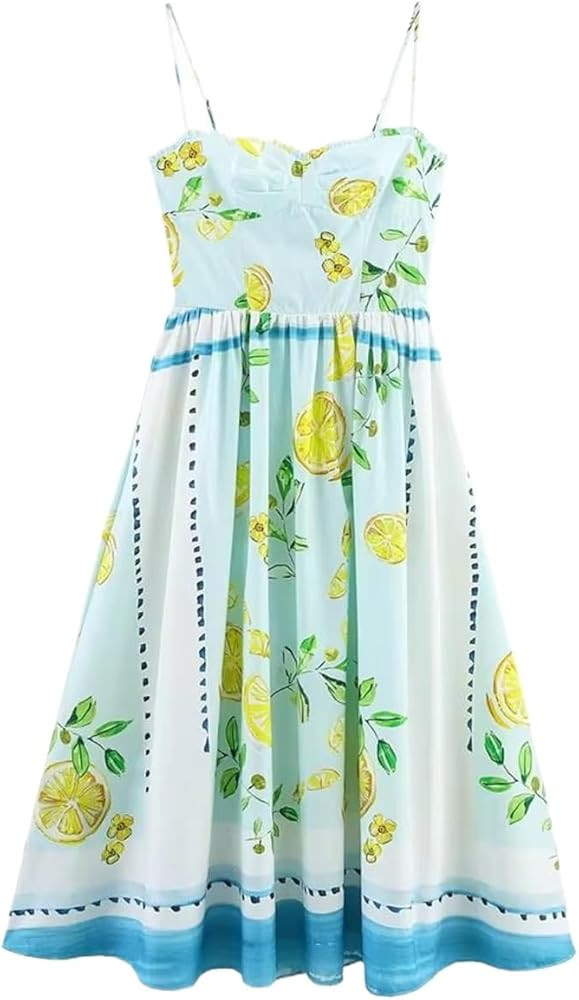 Lemon Print Backless Spaghetti Strap Ankle-Length A-Line Dress Women | Amazon (US)