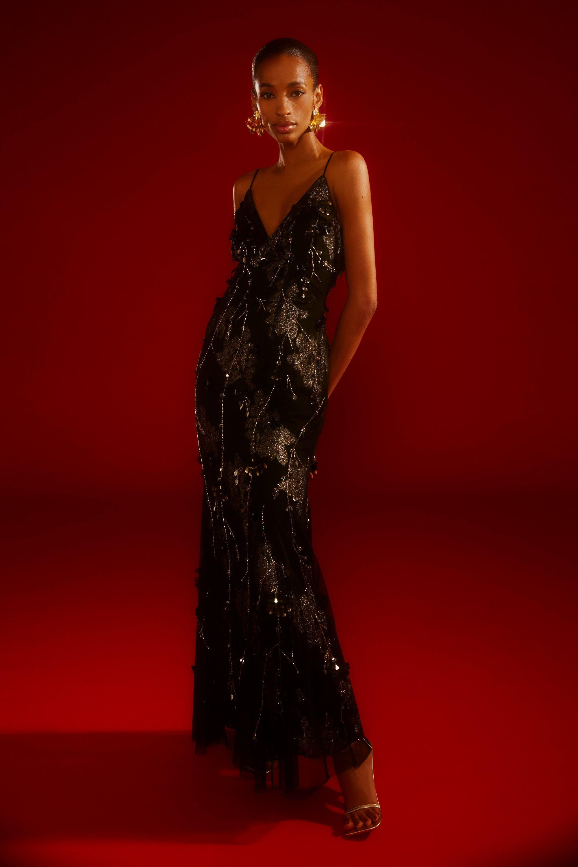 Floral Applique Metallic Thread Strappy Woven Maxi Dress | Karen Millen UK + IE + DE + NL