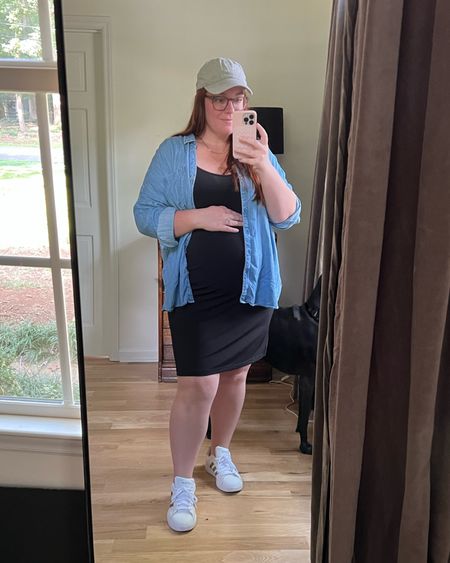Casual and comfy outfit for running errands and doctor appointments. Linked similar items because wearing all old pieces, except the sneakers and glasses. Black slip dress with denim shirt, adidas grand court, baseball hat and got necklaces  

#LTKbump #LTKcurves #LTKmidsize