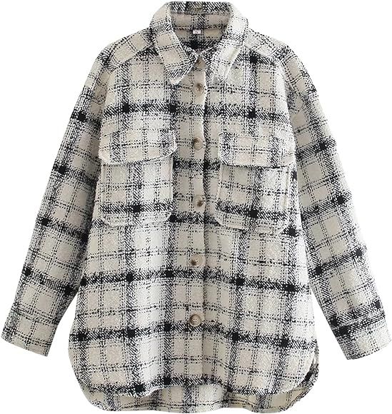 Xishiloft Women's Tweed Plaid Shacket Jacket Lapel Long Sleeve Button Retro Casual Loose Shirt Co... | Amazon (US)