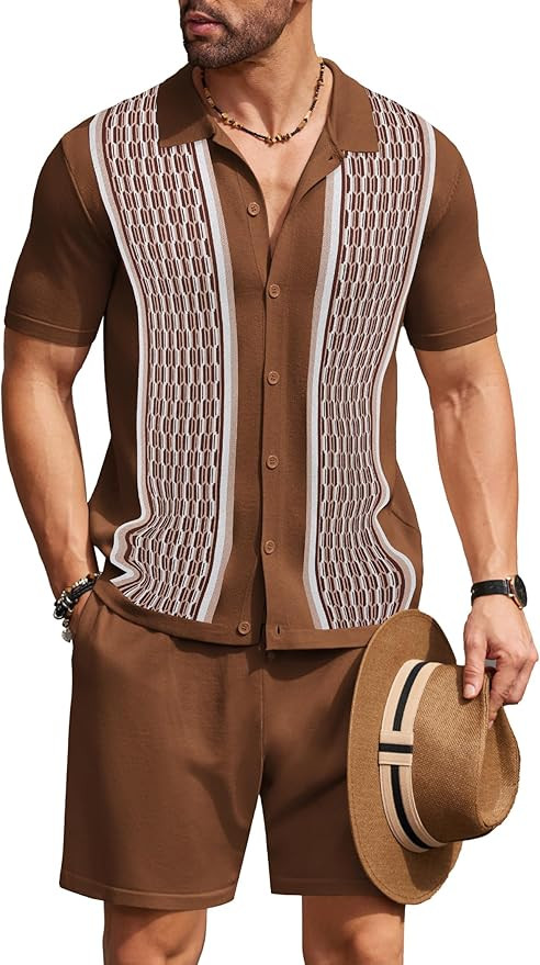 COOFANDY Men's 2 Piece Outfit Vintage Short Sleeve Button Down Knit Polo Shirts Casual Beach Shor... | Amazon (US)