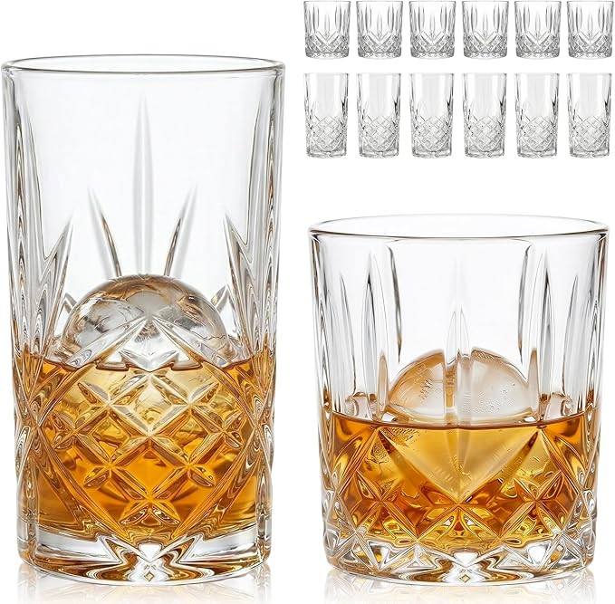 Moretoes Crystal Whisky Drinking Glasses Set of 12, Glass Cups, Mixed Glassware Set, 12 Oz Highba... | Amazon (US)
