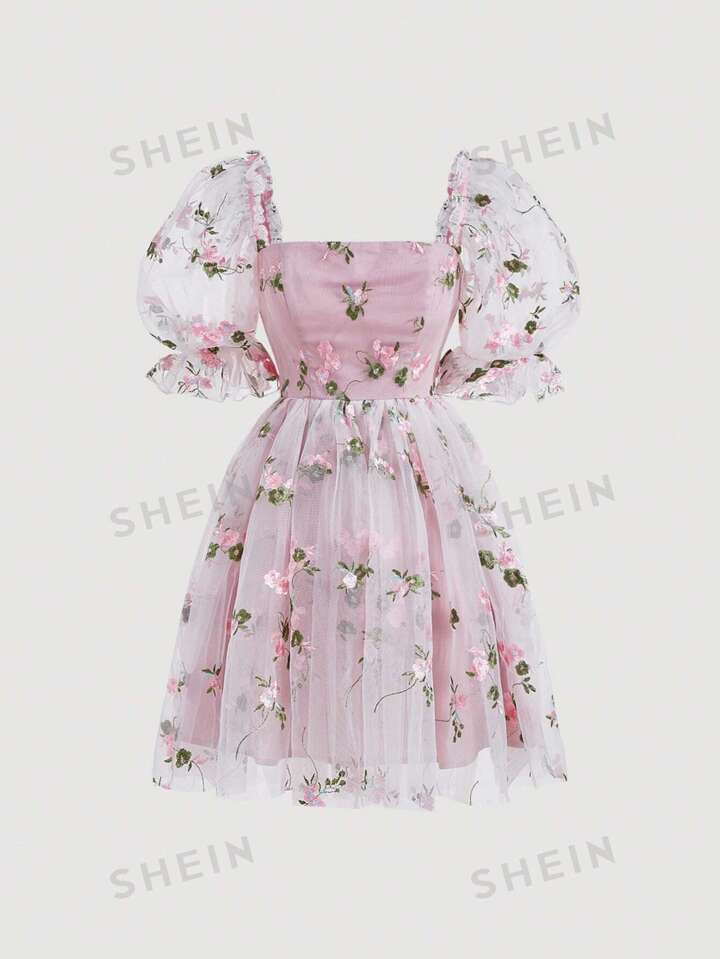 SHEIN MOD Floral Embroidery Puff Sleeve Dress | SHEIN