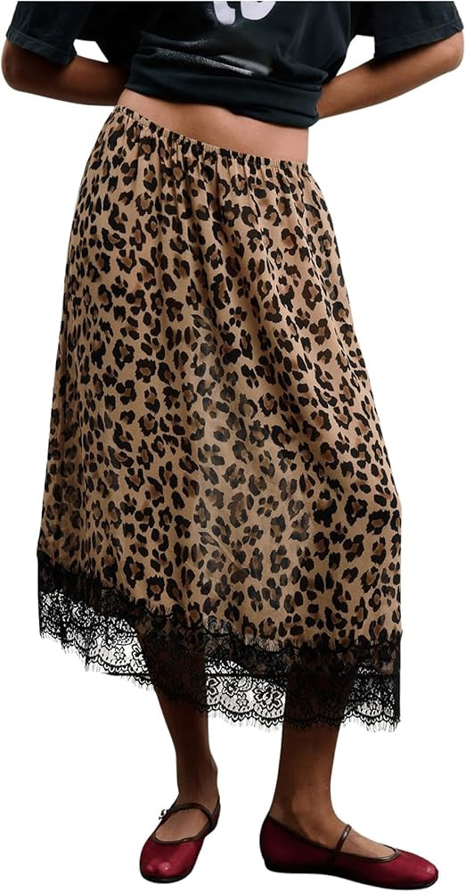 GORGLITTER Women's Leopard Print Lace Skirt High Waisted Flowy Midi Skirts | Amazon (US)