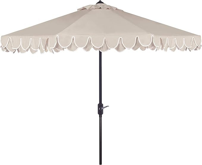 SAFAVIEH 9ft Outdoor Patio Umbrella, Round, Valance, Beige & White Trim, Auto Crank Tilt, UV Resi... | Amazon (US)