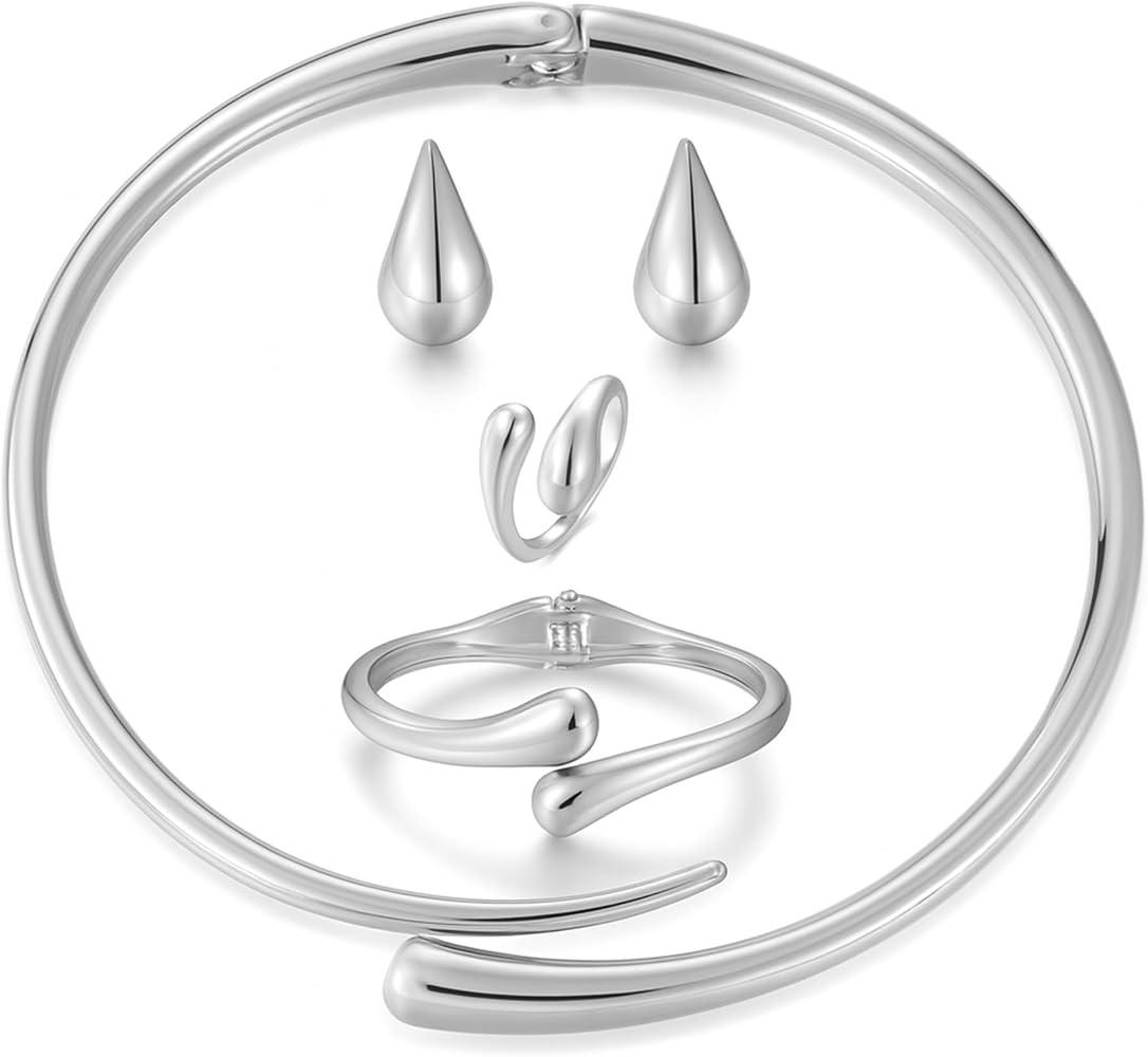 4 Pcs Statement Jewelry Set for Women \u2013 18K Gold Plated Teardrop Necklace, Gold Drop Earring... | Amazon (US)