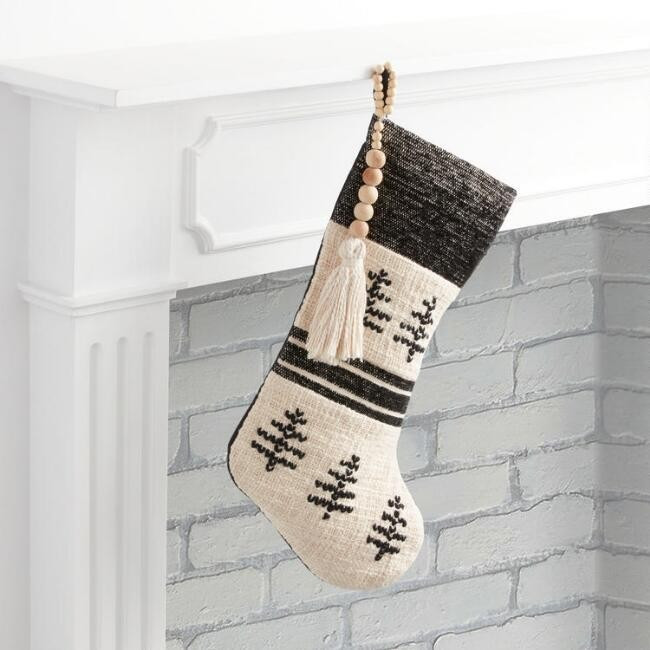 Ivory And Black Farmhouse Christmas Stocking | World Market