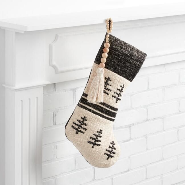 Ivory and Forest Green Farmhouse Christmas Stocking | World Market