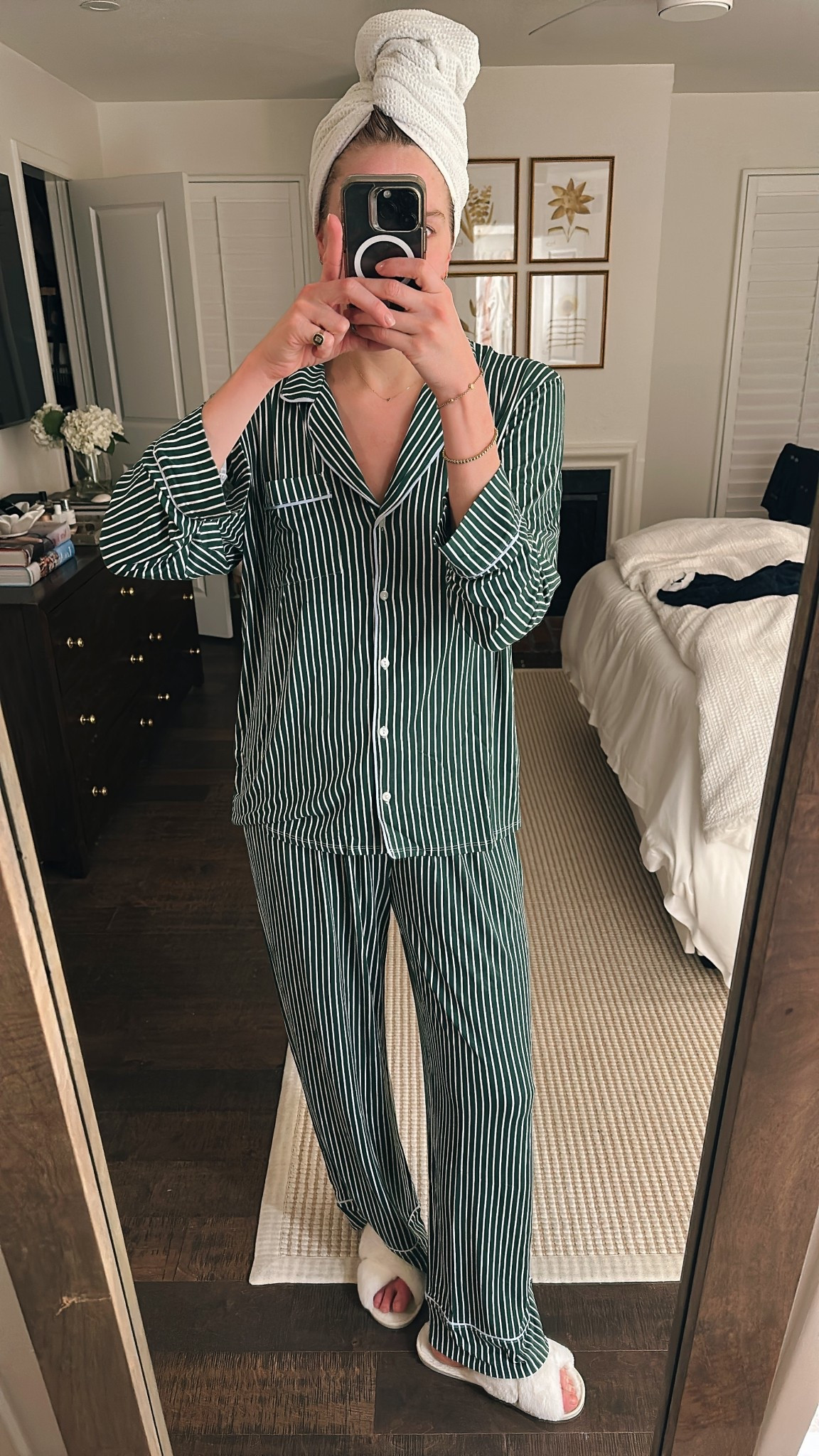 Subtle Christmas pajamas! Love the light blue piping! Wearing a M in both. 